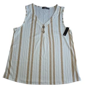 CURE Sleeveless Striped Henley Top Tan/White Ribbed Knit V-Neck Size Medium NWT